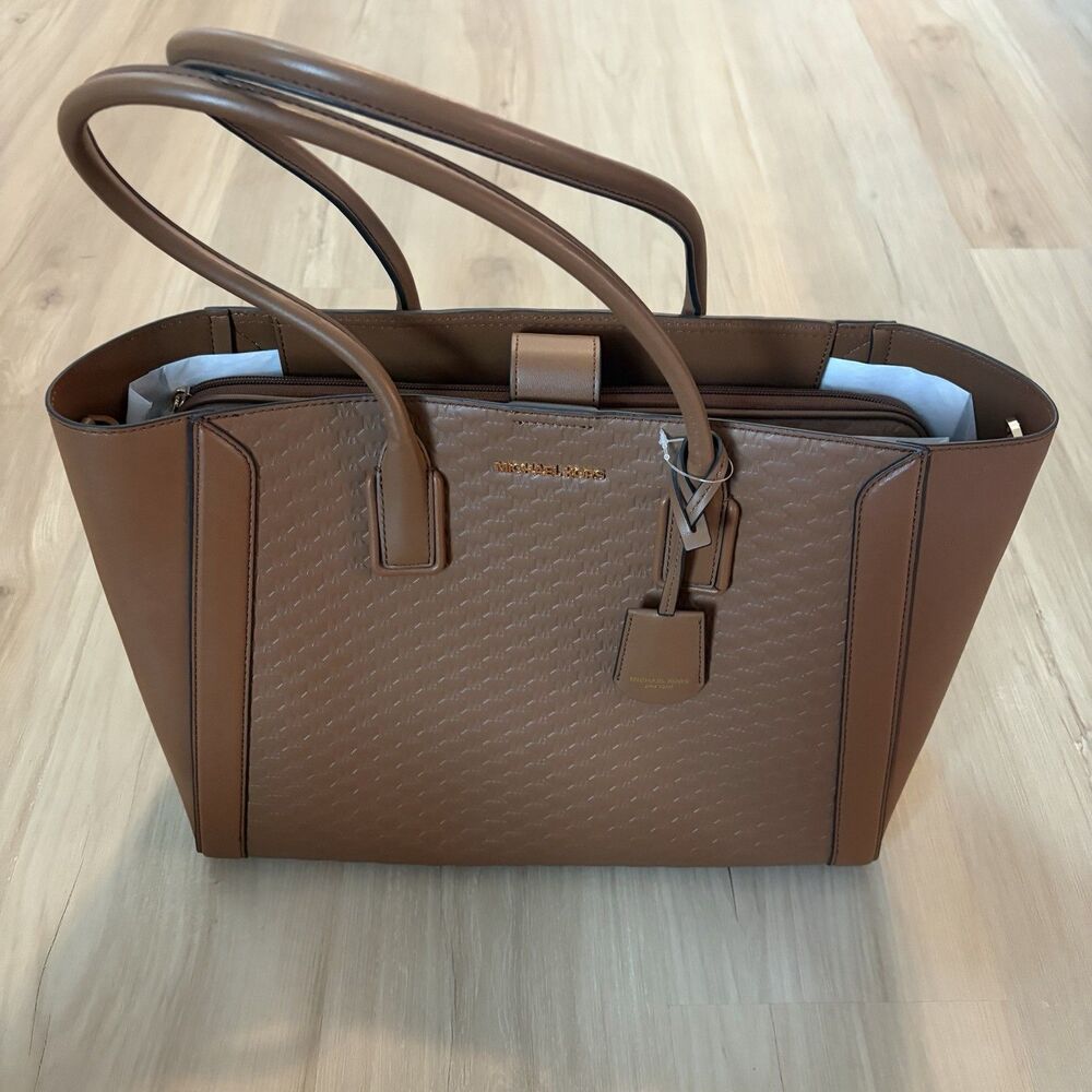 Michael Kors Laptop Case Tote Purse Kali Tan Handbag Khaki Embossed Pattern